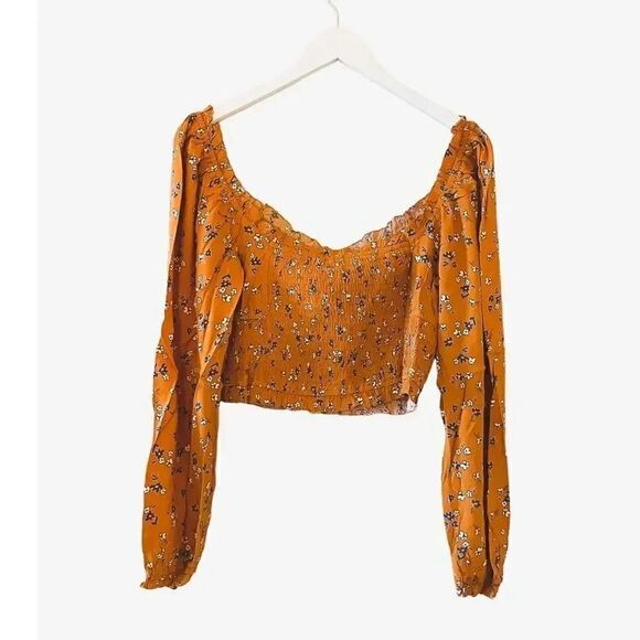 Elodie Womens Crop Top Orange Rust Floral Long Sleeve faux Button Front SZ L - Picture 6 of 12